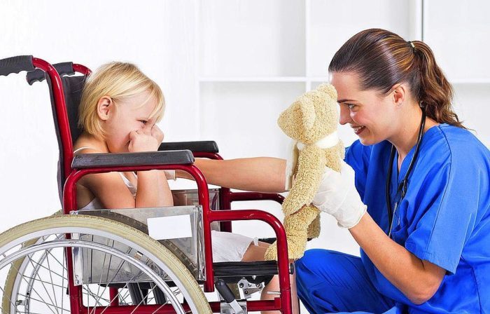 ребенок в инвалидной коляске и медик